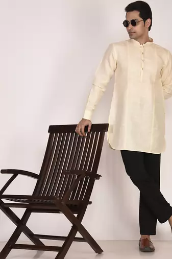 Men's pure linen short kurta with thread work