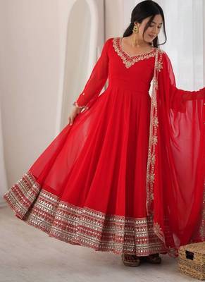 Red georgette anarkali suit set with heavy zari embroidery & mirror work border 1