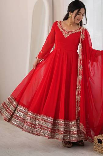 Red georgette anarkali suit set with heavy zari embroidery & mirror work border