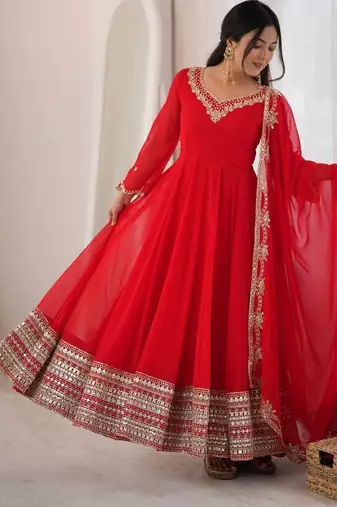 Red georgette anarkali suit set with heavy zari embroidery & mirror work border