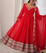Red georgette anarkali suit set with heavy zari embroidery & mirror work border