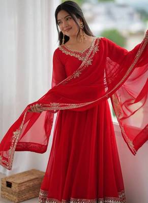 Red georgette anarkali suit set with heavy zari embroidery & mirror work border 2