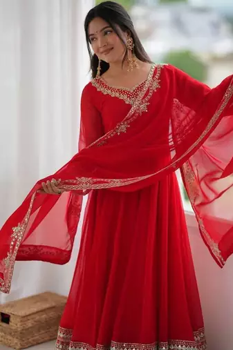 Red georgette anarkali suit set with heavy zari embroidery & mirror work border