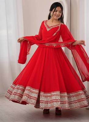 Red georgette anarkali suit set with heavy zari embroidery & mirror work border 3