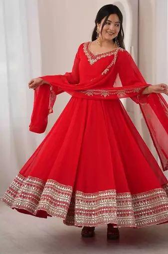 Red georgette anarkali suit set with heavy zari embroidery & mirror work border