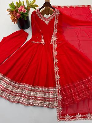 Red georgette anarkali suit set with heavy zari embroidery & mirror work border 4