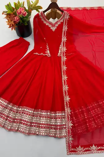 Red georgette anarkali suit set with heavy zari embroidery & mirror work border