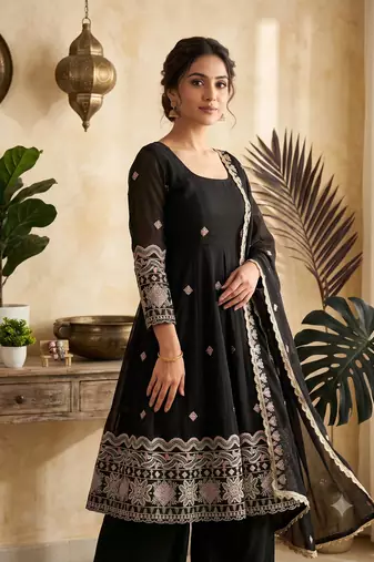Women's black embroidered anarkali kurta pant set with dupatta