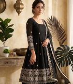 Women's black embroidered anarkali kurta pant set with dupatta
