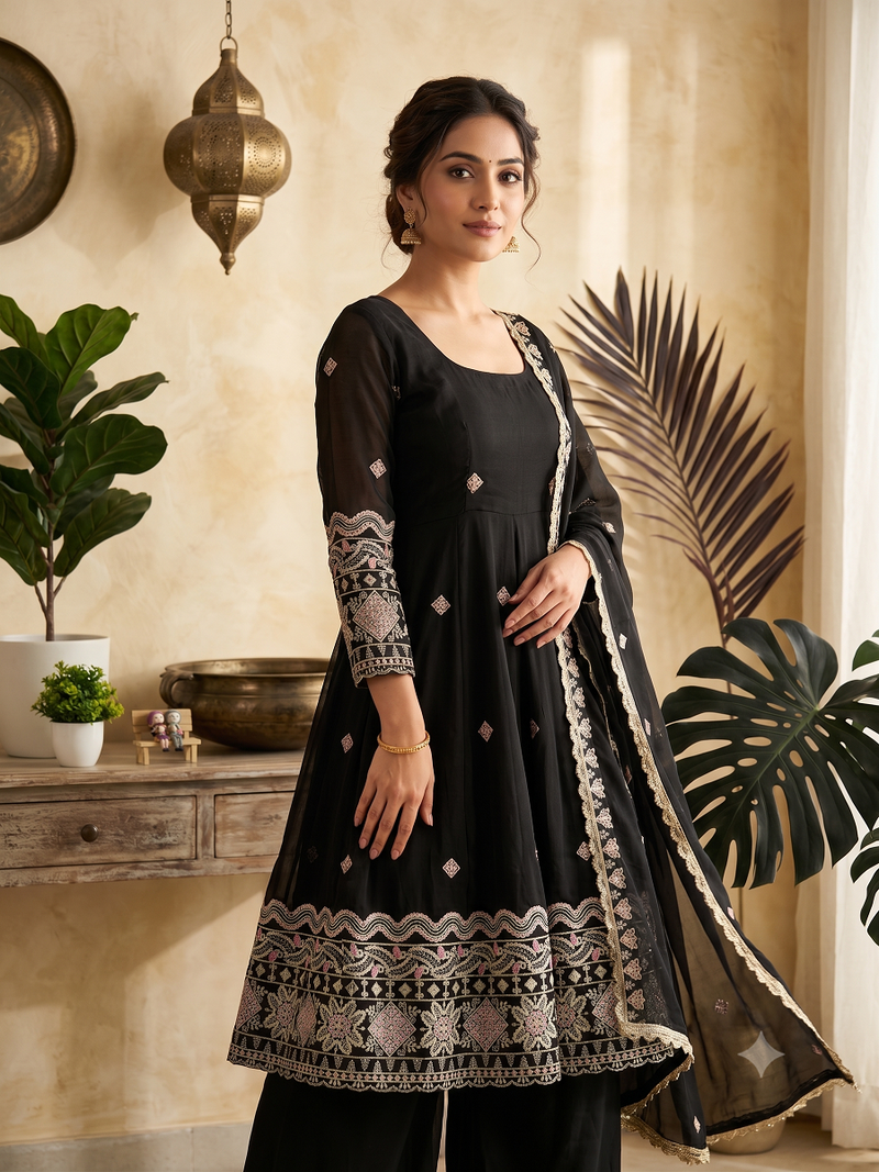 Women's black embroidered anarkali kurta pant set with dupatta