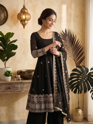 Women's black embroidered anarkali kurta pant set with dupatta 2