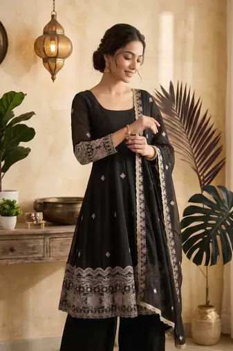 Women's black embroidered anarkali kurta pant set with dupatta