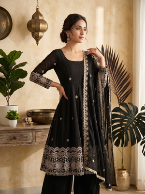 Women's black embroidered anarkali kurta pant set with dupatta 3