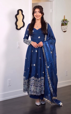 Women's blue embroidered anarkali kurta pant set with dupatta 1
