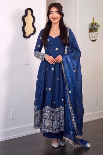 Women's blue embroidered anarkali kurta pant set with dupatta