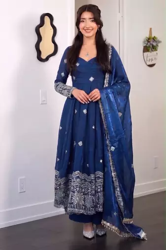 Women's blue embroidered anarkali kurta pant set with dupatta
