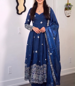 Women's blue embroidered anarkali kurta pant set with dupatta