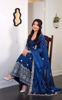 Women's blue embroidered anarkali kurta pant set with dupatta 2