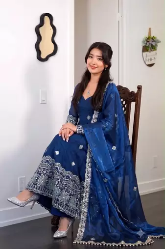 Women's blue embroidered anarkali kurta pant set with dupatta