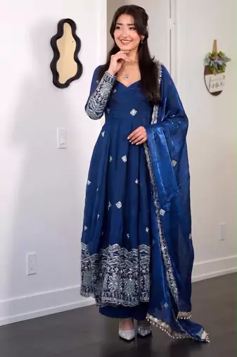 Women's blue embroidered anarkali kurta pant set with dupatta