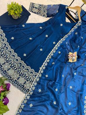 Women's blue embroidered anarkali kurta pant set with dupatta 4