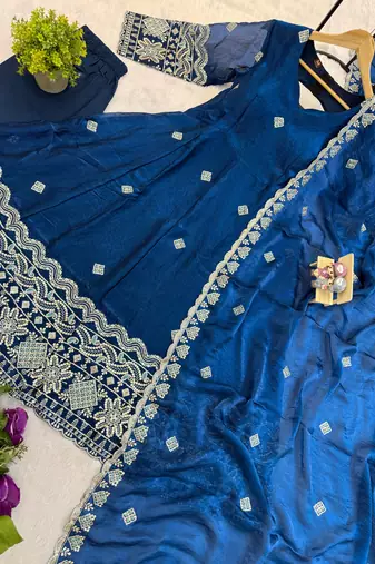 Women's blue embroidered anarkali kurta pant set with dupatta