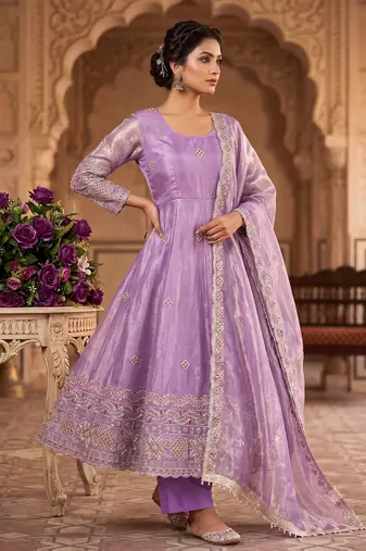 Women's lavendar embroidered anarkali kurta pant set with dupatta