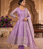 Women's lavendar embroidered anarkali kurta pant set with dupatta