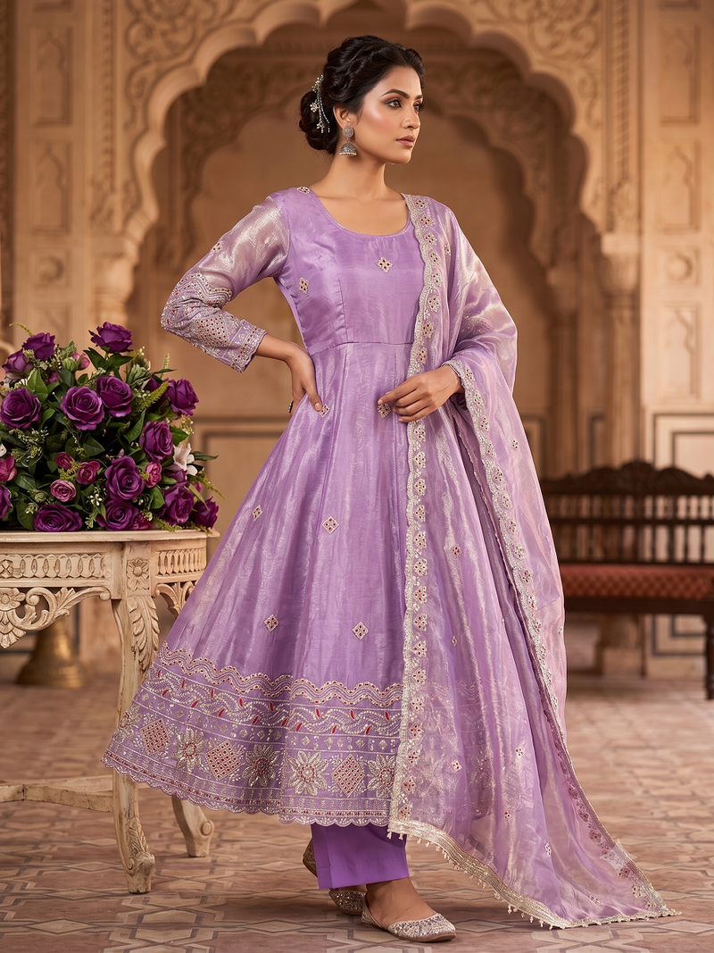 Women's lavendar embroidered anarkali kurta pant set with dupatta