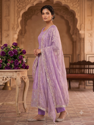 Women's lavendar embroidered anarkali kurta pant set with dupatta 2