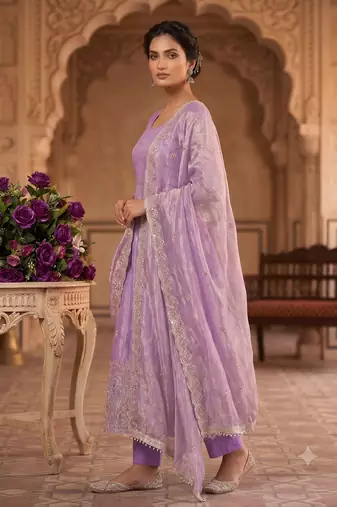 Women's lavendar embroidered anarkali kurta pant set with dupatta