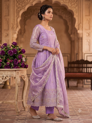 Women's lavendar embroidered anarkali kurta pant set with dupatta 3