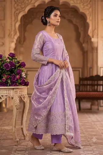 Women's lavendar embroidered anarkali kurta pant set with dupatta