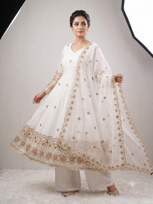 Women's white embroidered anarkali kurta pant set with dupatta 1