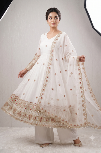 Women's white embroidered anarkali kurta pant set with dupatta