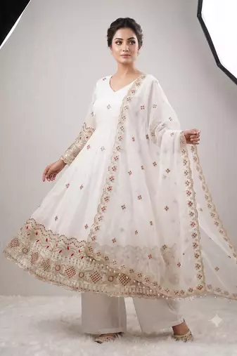 Women's white embroidered anarkali kurta pant set with dupatta