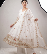 Women's white embroidered anarkali kurta pant set with dupatta