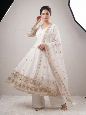 Women's white embroidered anarkali kurta pant set with dupatta 2