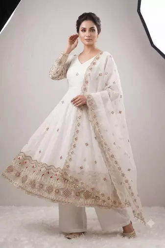 Women's white embroidered anarkali kurta pant set with dupatta