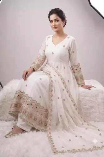 Women's white embroidered anarkali kurta pant set with dupatta