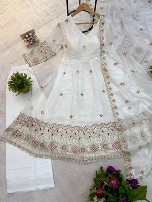 Women's white embroidered anarkali kurta pant set with dupatta 4