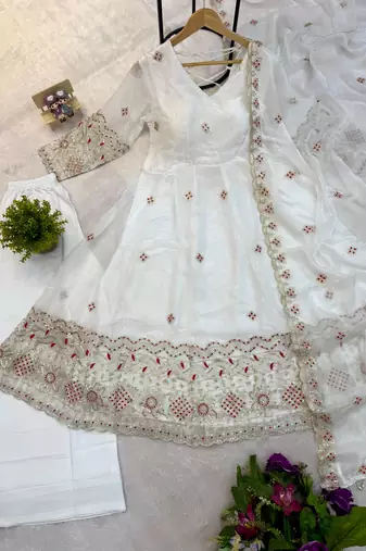 Women's white embroidered anarkali kurta pant set with dupatta