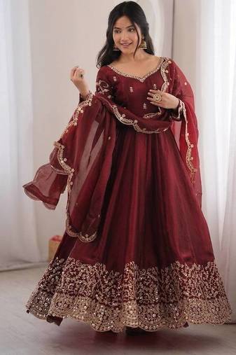 Maroon  embroidered anarkali suit set for women