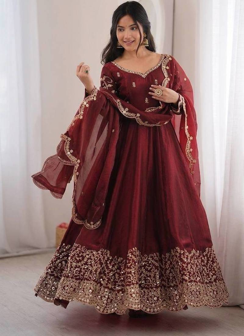 Maroon  embroidered anarkali suit set for women