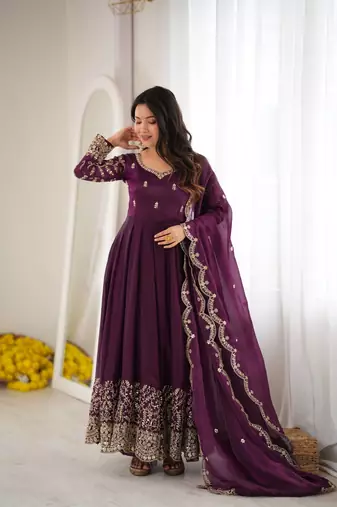 Wine purple embroidered anarkali suit set for women