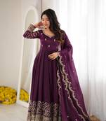 Wine purple embroidered anarkali suit set for women