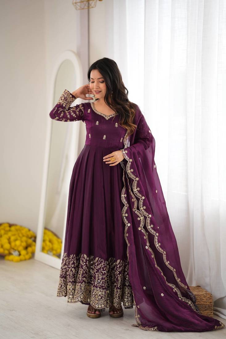 Wine purple embroidered anarkali suit set for women