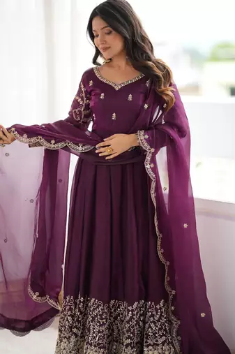 Wine purple embroidered anarkali suit set for women