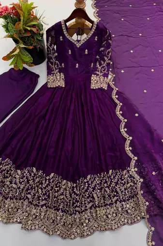 Wine purple embroidered anarkali suit set for women