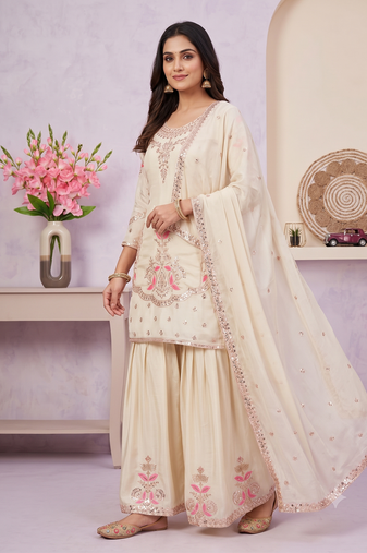 Cream embroidered silk blend sharara suit set with dupatta